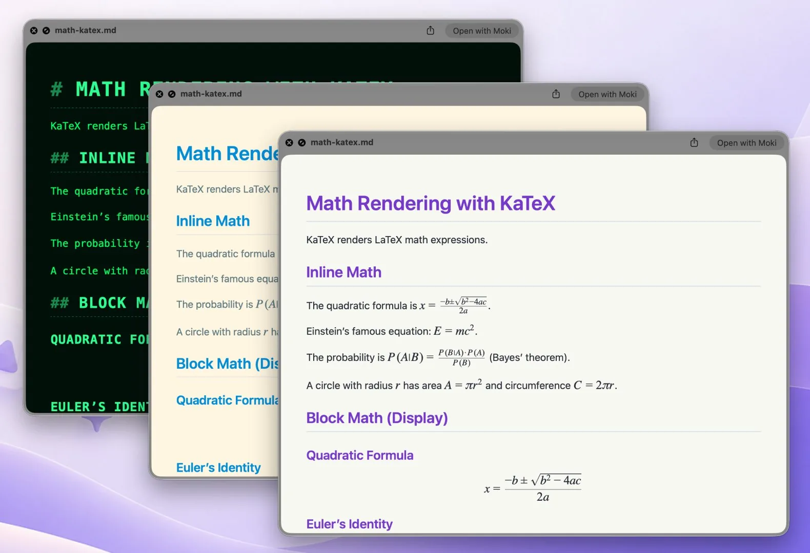 Finder QuickLook previews of the same Markdown file in three different Moki themes